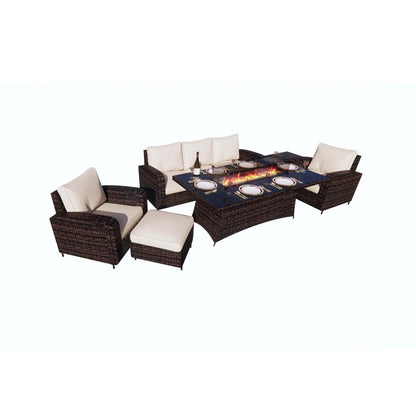 Direct Wicker 6-Piece Outdoor Patio Furniture Set with 72" Gas Propane Fire Pit Table Rattan Sectional Sofa Conversation Sets, Brown