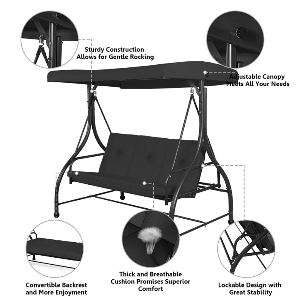 GVN 3 Seats Converting Outdoor Swing Canopy Hammock with Adjustable Tilt Canopy-Black, Porch Swing Hanging Bench, Outdoor Swing Bench for Patio, Yard, Garden