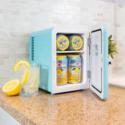 Mini Fridge - Refrigerator for Bedroom Office, Portable Table Top Beverage Cooler, 12V 110V Refrigerador For Drinks, Soda, Wine, Use In Car, Dorm, Outdoor, Patio, 6 Can