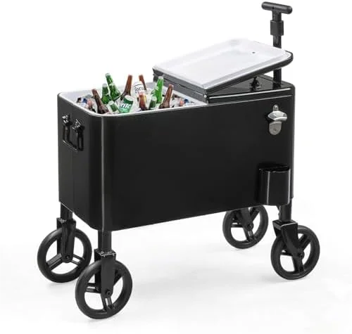 80 Quart Wagon Rolling Cooler Ice Chest,/Long Handle and 10" Wheels, Portable Beach Patio Party Bar Cold Drink Beverage, Outdoor Park Cart on Wheels