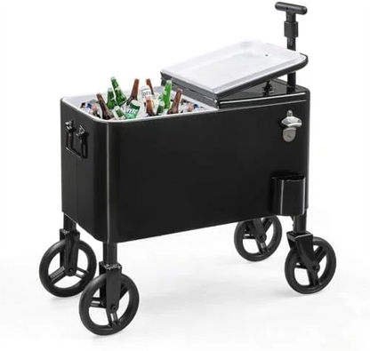 80 Quart Wagon Rolling Cooler Ice Chest,/Long Handle and 10" Wheels, Portable Beach Patio Party Bar Cold Drink Beverage, Outdoor Park Cart on Wheels