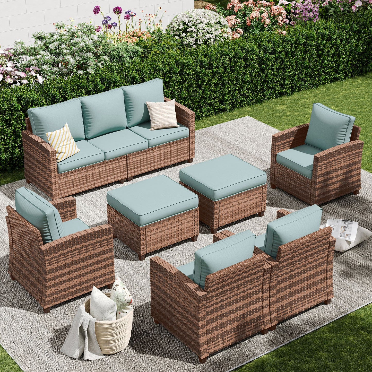 POTEBAN Patio Furniture Set, 7 Pieces Outdoor Sectional Sofa Couch with Chairs, Ottomans and Comfy Cushions, All Weather Wicker Rattan Patio Conversation Set for Garden Backyard Wine Red