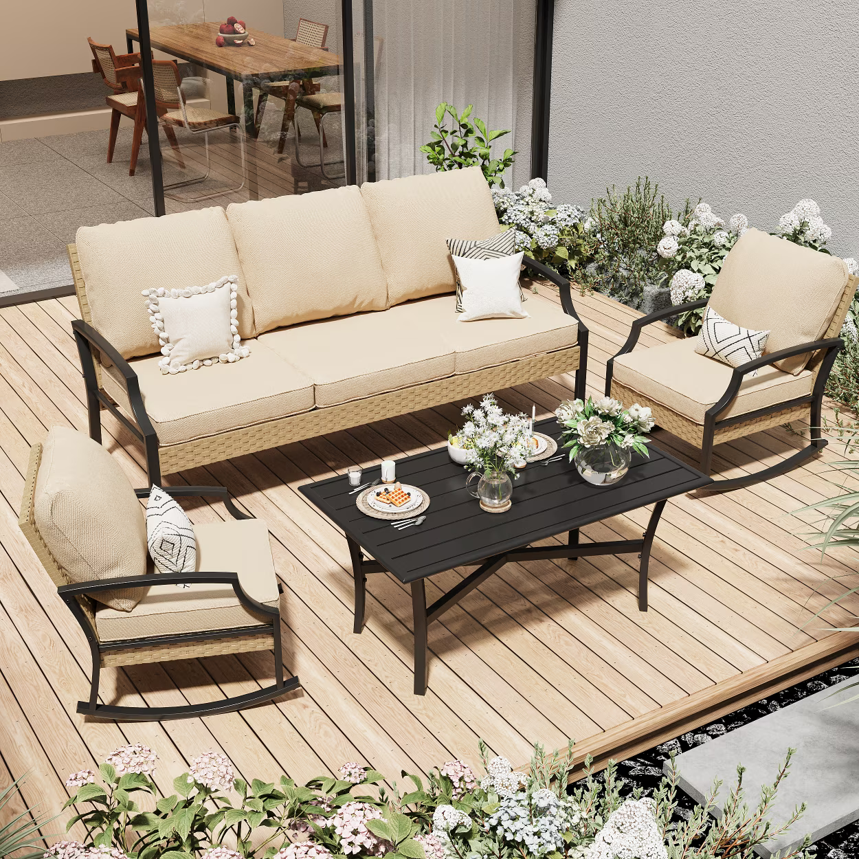 AECOJOY Outdoor Patio Wicker Furniture Sets On Sale,Rattan Patio Conversation Sets With Rocking Chair For Porch,Beige