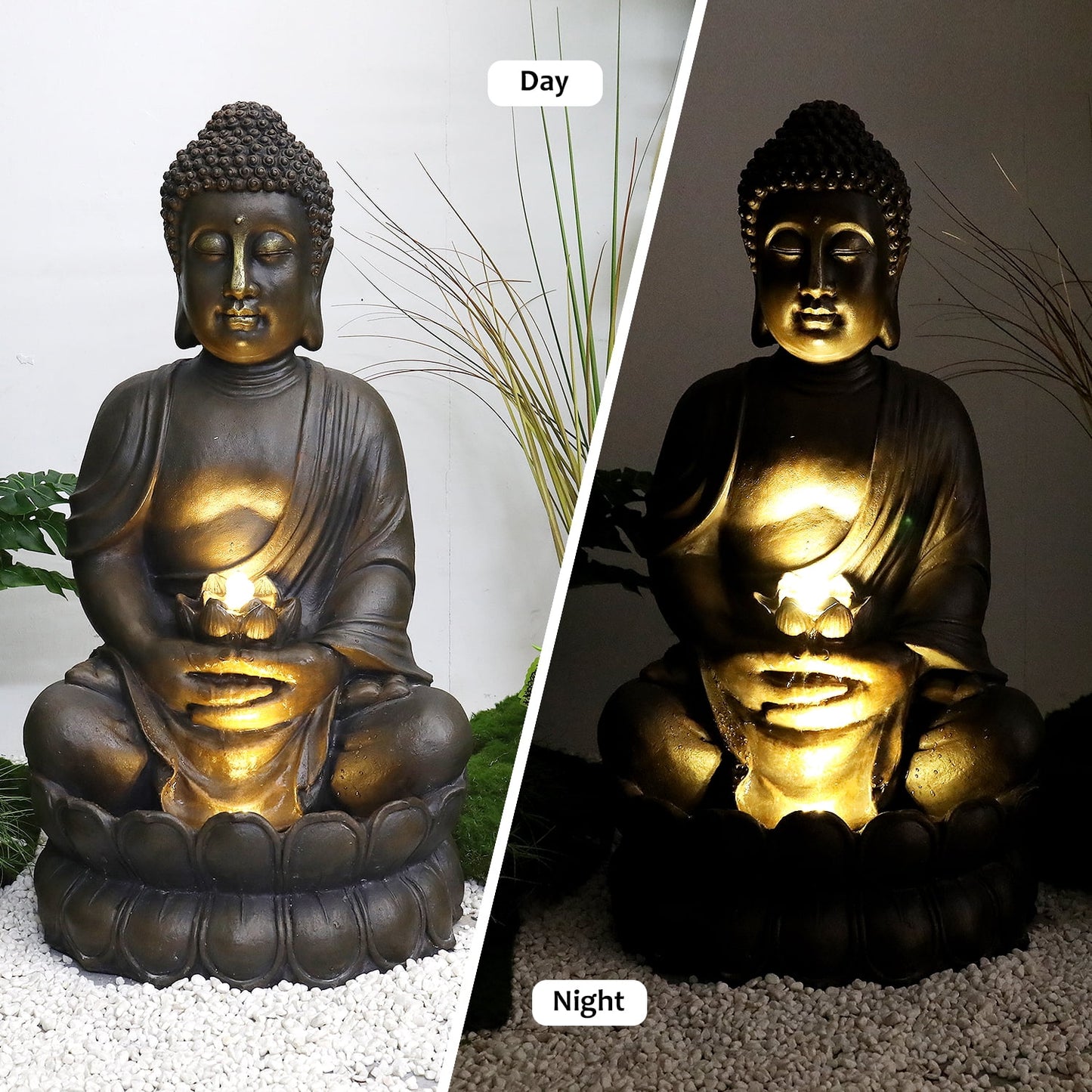 33" H Buddha Outdoor Water Fountain with LED Lights and Pump,Zen Style Relaxing Garden Fountain Waterfall for Patio, Porch and Yard Decor