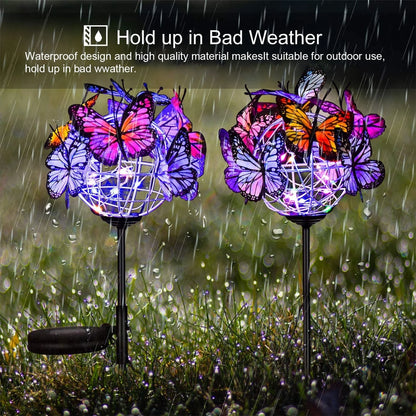 Rirool Decorative Solar Garden Lights Outside, 2 Pack Waterproof Solar Stake Lamp with Solar Panel, Multicolored Butterfly Ball Landscape Lights for Yard Patio Lawn Party Decor