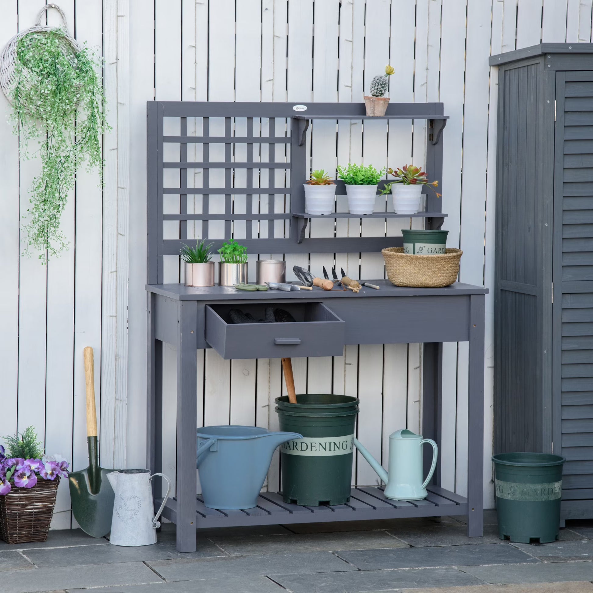 Outsunny Potting Bench Table, Garden Work Bench, Outdoor Wooden Workstation with Tiers of Shelves and Drawer for Patio, Courtyards, Balcony, Grey