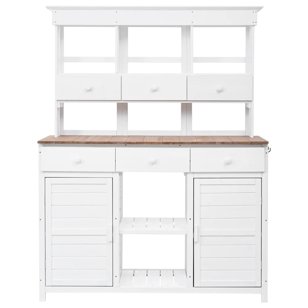 Rustic 65.7'' Tall Garden Potting Bench Table with Hutch, 3 Shelves, 6 Drawers, 2 Cabinets & 3 Side Hooks for Mudroom, Patio, 3 Color