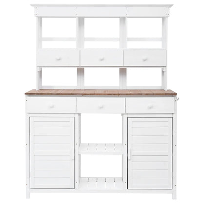 Rustic 65.7'' Tall Garden Potting Bench Table with Hutch, 3 Shelves, 6 Drawers, 2 Cabinets & 3 Side Hooks for Mudroom, Patio, 3 Color