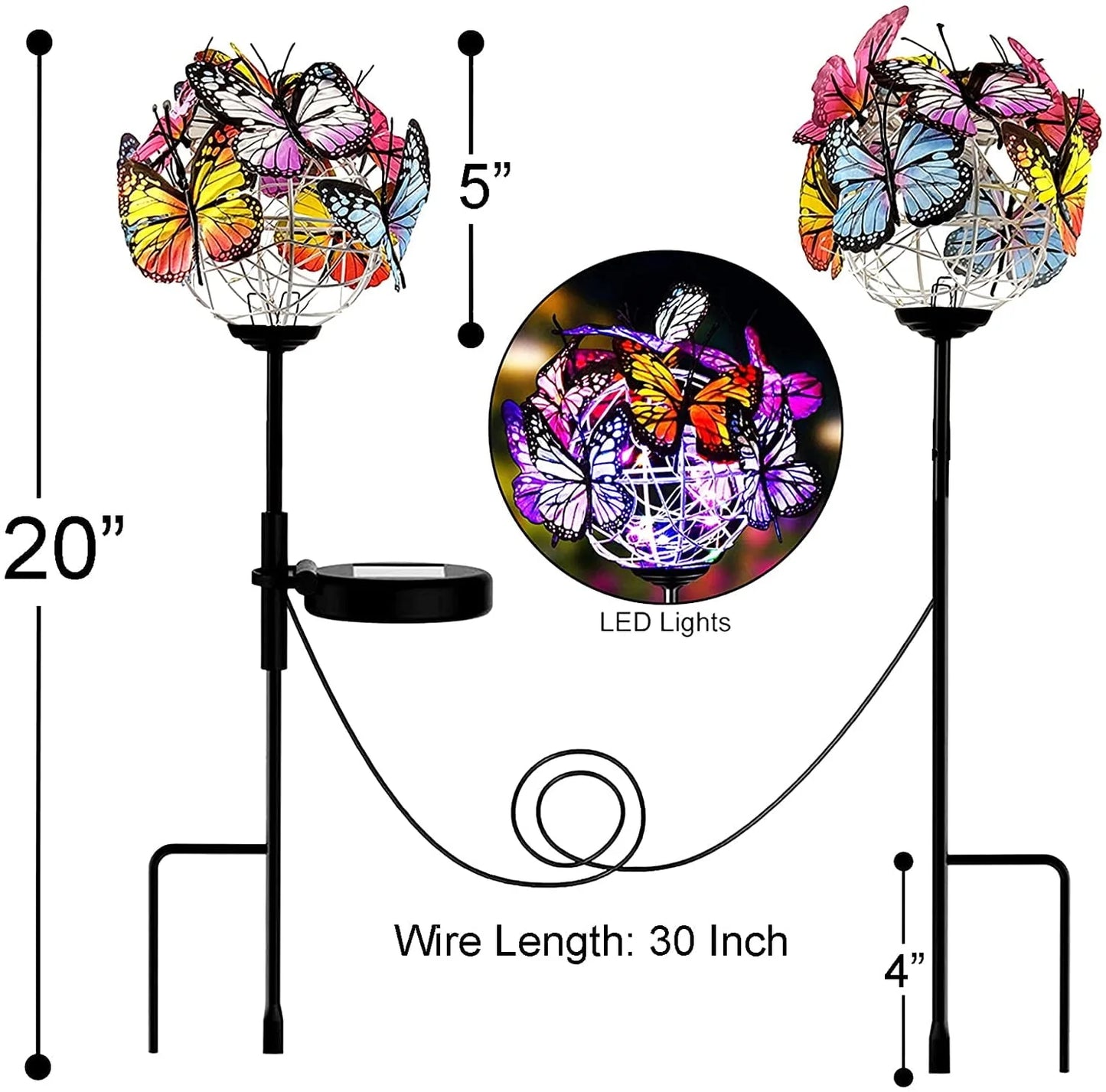 Rirool Decorative Solar Garden Lights Outside, 2 Pack Waterproof Solar Stake Lamp with Solar Panel, Multicolored Butterfly Ball Landscape Lights for Yard Patio Lawn Party Decor