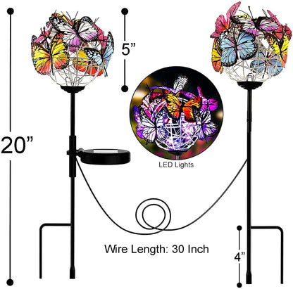Rirool Decorative Solar Garden Lights Outside, 2 Pack Waterproof Solar Stake Lamp with Solar Panel, Multicolored Butterfly Ball Landscape Lights for Yard Patio Lawn Party Decor