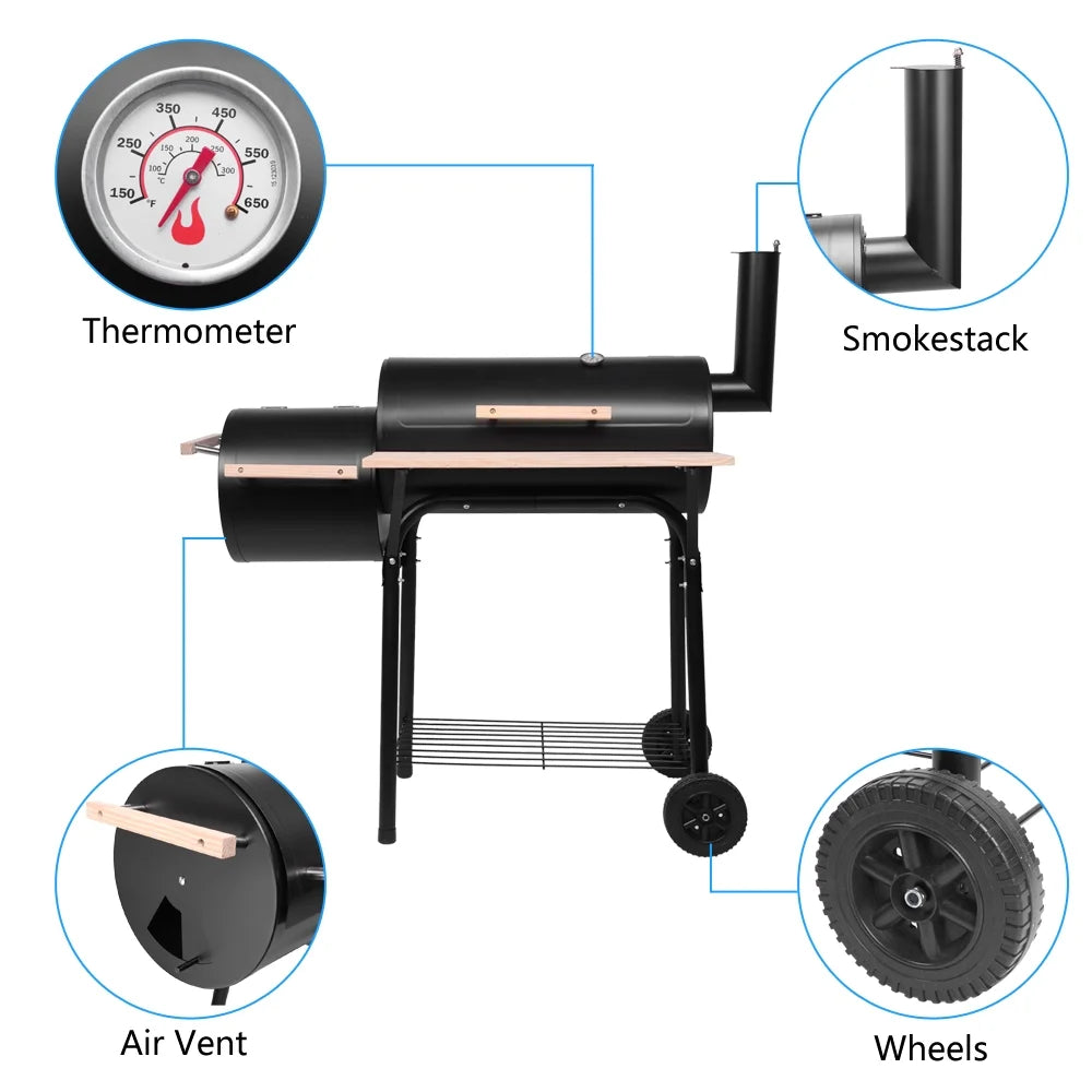 Portable BBQ Charcoal Grill for Patio, 24.4'' Charcoal Grill with Wood Shelf, Cooking Grate Charcoal Grill w/Temperature Gauge and Metal Grate, Premium Cooking Grate for Steak Chicken, Black, S5868