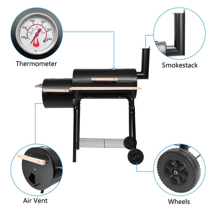 Portable BBQ Charcoal Grill for Patio, 24.4'' Charcoal Grill with Wood Shelf, Cooking Grate Charcoal Grill w/Temperature Gauge and Metal Grate, Premium Cooking Grate for Steak Chicken, Black, S5868