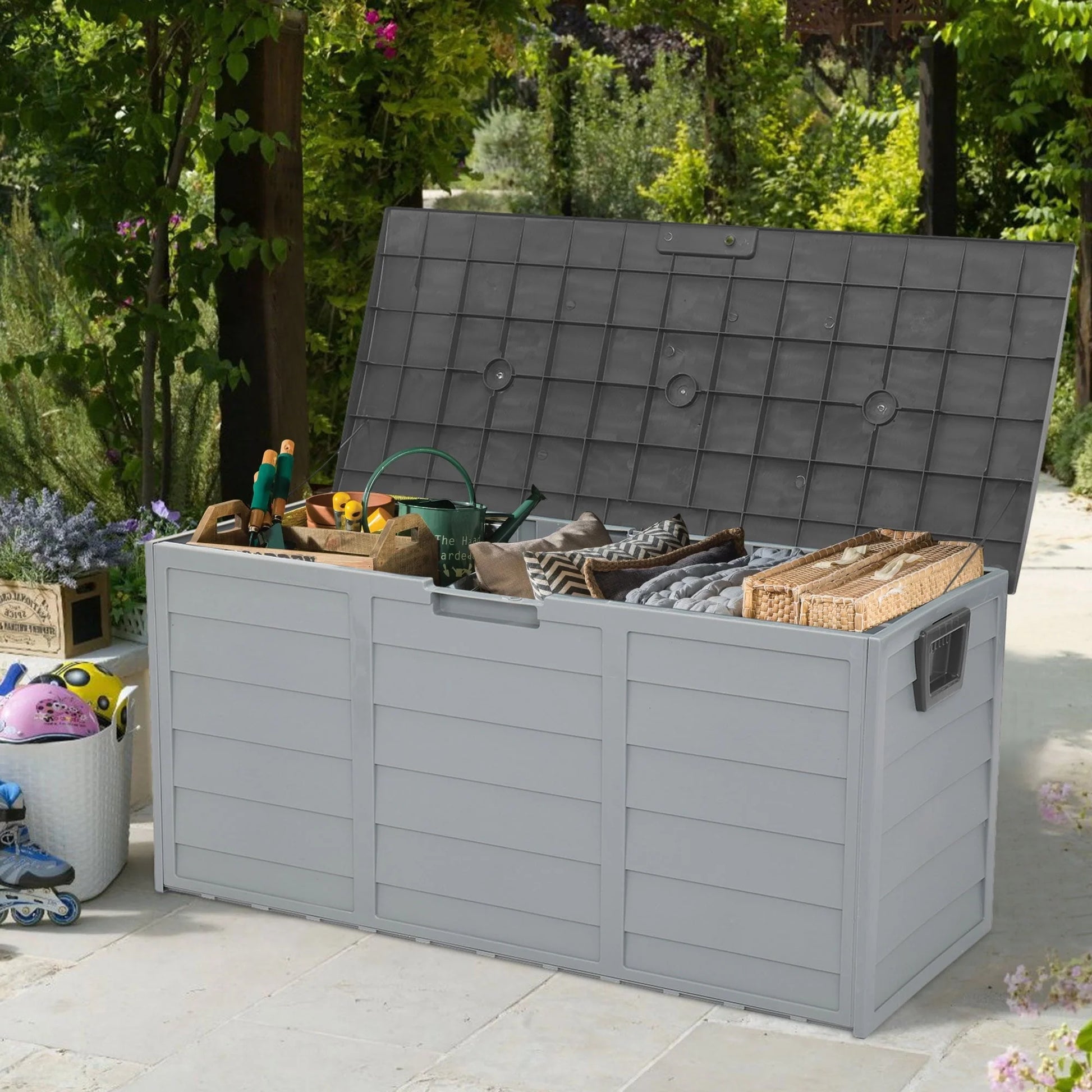 Seizeen 75 Gallon Resin Deck Box on Wheels, Patio Large Storage Cabinet, Outdoor Waterproof Storage Chest, Storage Container for Outside Furniture Cushions, Garden Tools, Kids' Toys, Gray, D7232