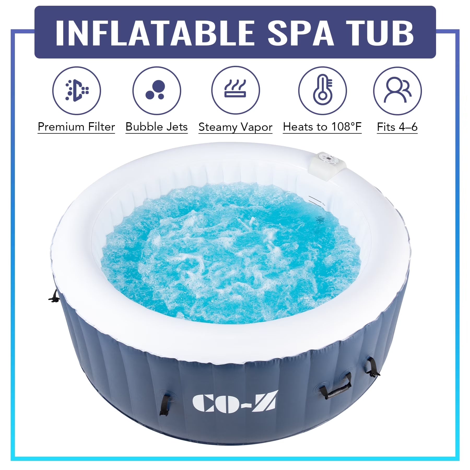 CO-Z 5x5ft PVC Square Inflatable Spa Tub & 120 Massaging Jets for Patio & More for 4-person Blue