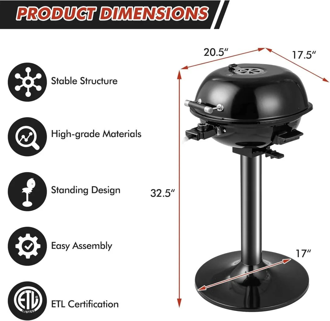 ZZJP 1600W Portable Electric Grill Outdoor BBQ Grill for 15-Serving, Electric Barbecue Grill for Indoor & Outdoor Use, Portable Stand BBQ Grill for Patio Balcony Kitchen Garden (Black)