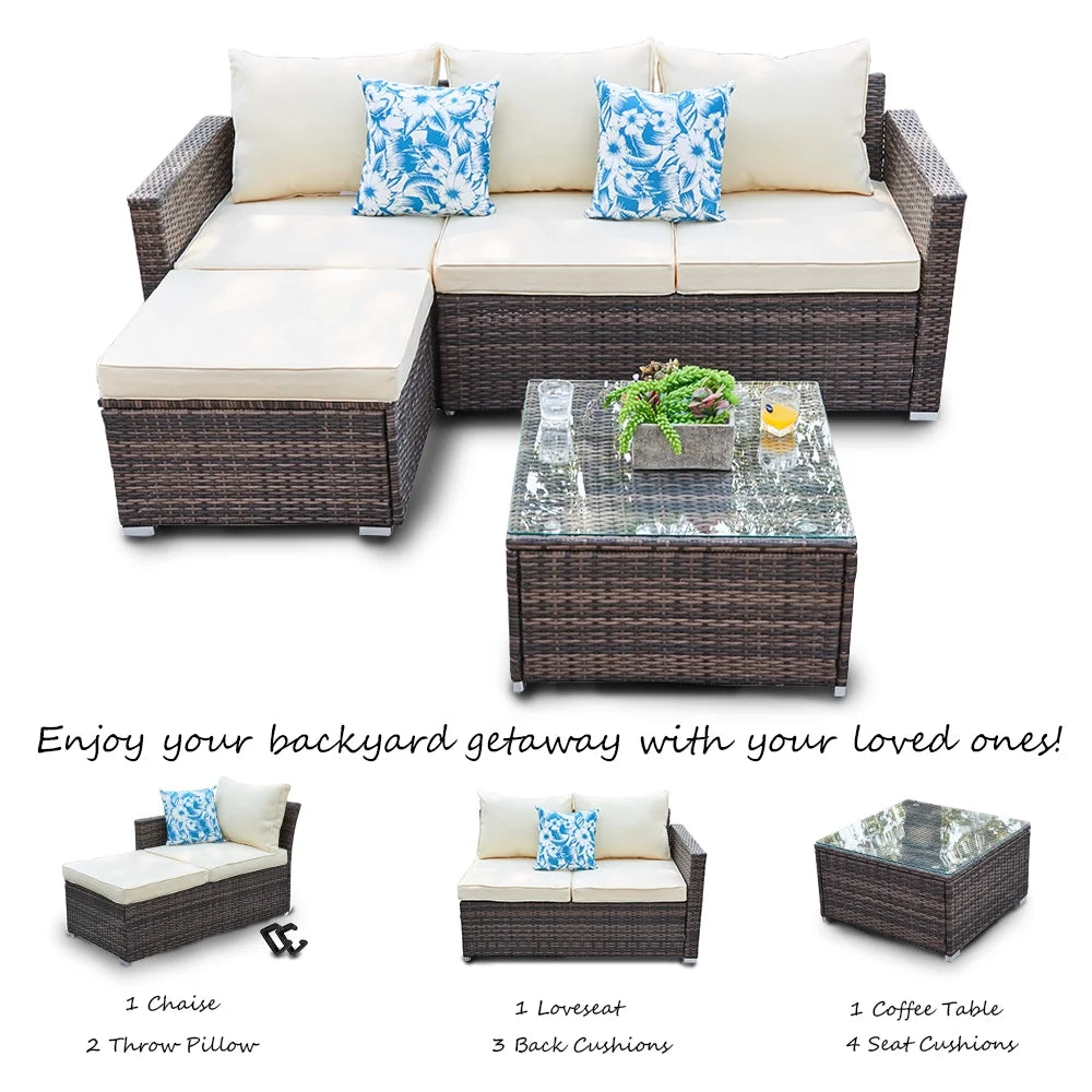 SUNTONE Patio Sectional Set - 3 Pieces Outdoor Conversation Set Wicker Rattan Outdoor Furniture Sofa with Table, Beige