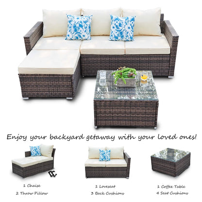SUNTONE Patio Sectional Set - 3 Pieces Outdoor Conversation Set Wicker Rattan Outdoor Furniture Sofa with Table, Beige