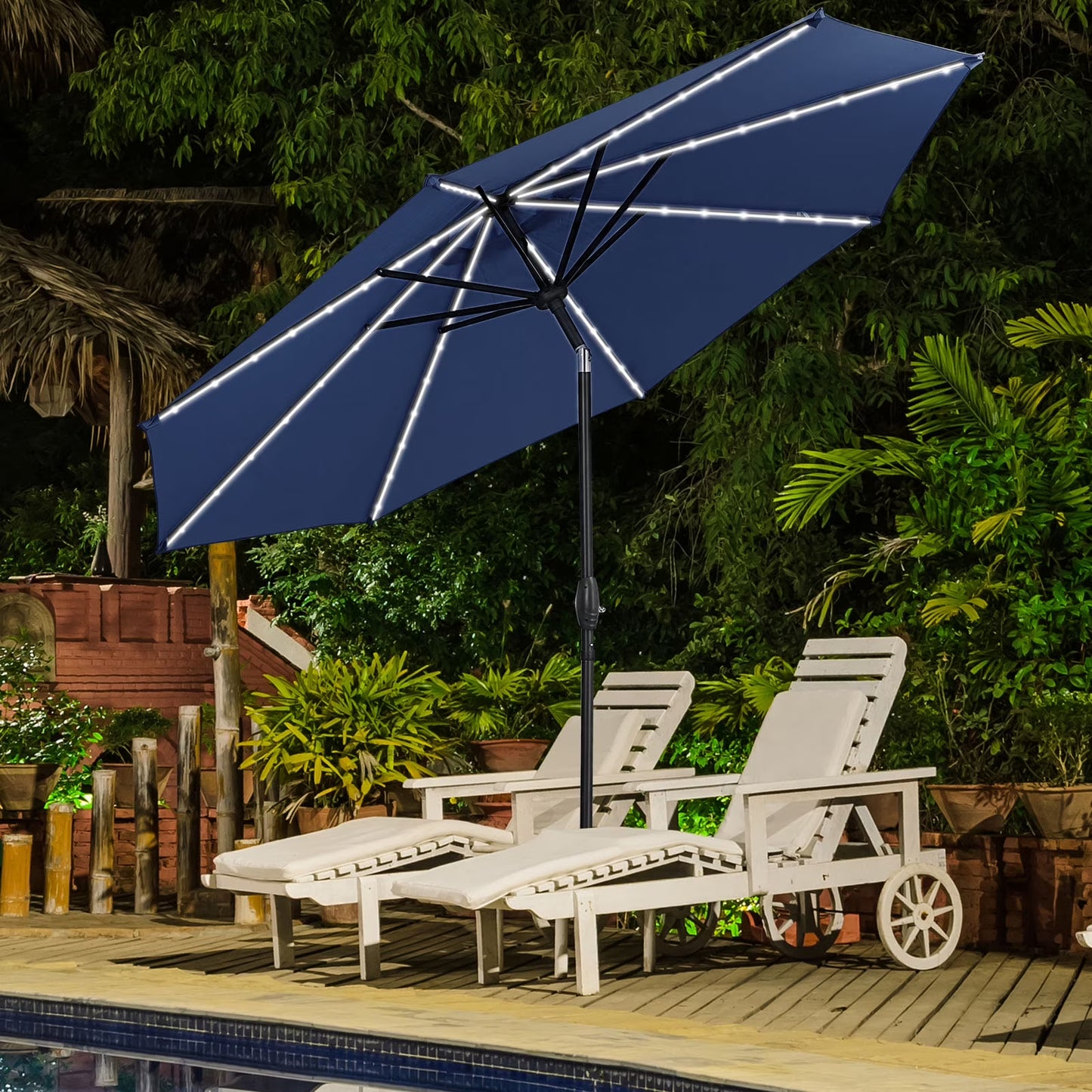 Autlaycil 10 FT Solar LED Lighted Patio Umbrella with LED Table Umbrella with 8 LED Strip Lights, Fade-resistant & Waterproof for Garden, Backyard, Poolside, Push Button Tilt (Blue)