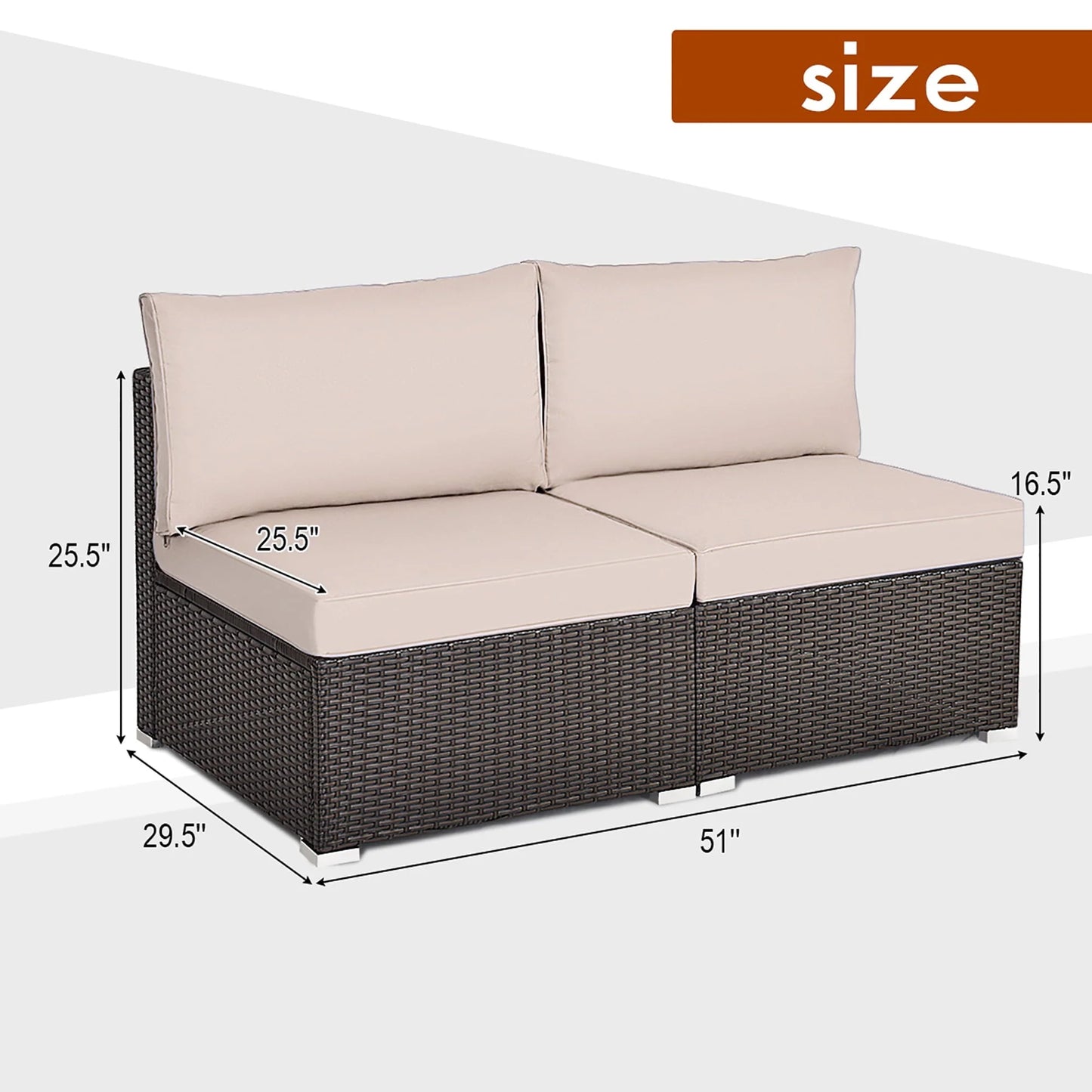 Costway 2PCS Patio Rattan Armless Sofa Sectional Furniture Brown Cushion