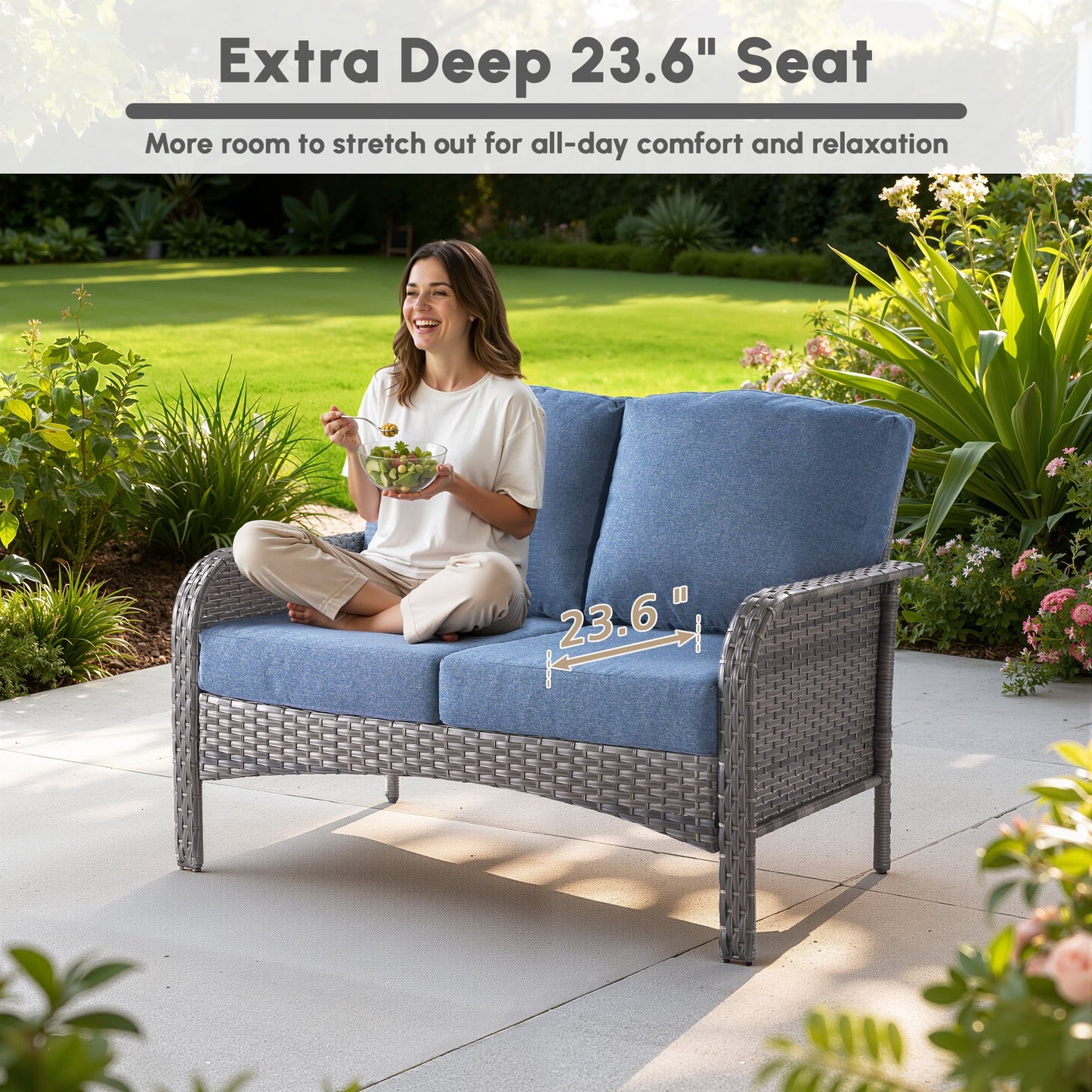 Ovios 4 Pieces Wicker Outdoor Patio Furniture with Coffee Table High Back All Weather Rattan Outdoor Sectional Conversation Set for Backyard Porch Garden, Denim Blue