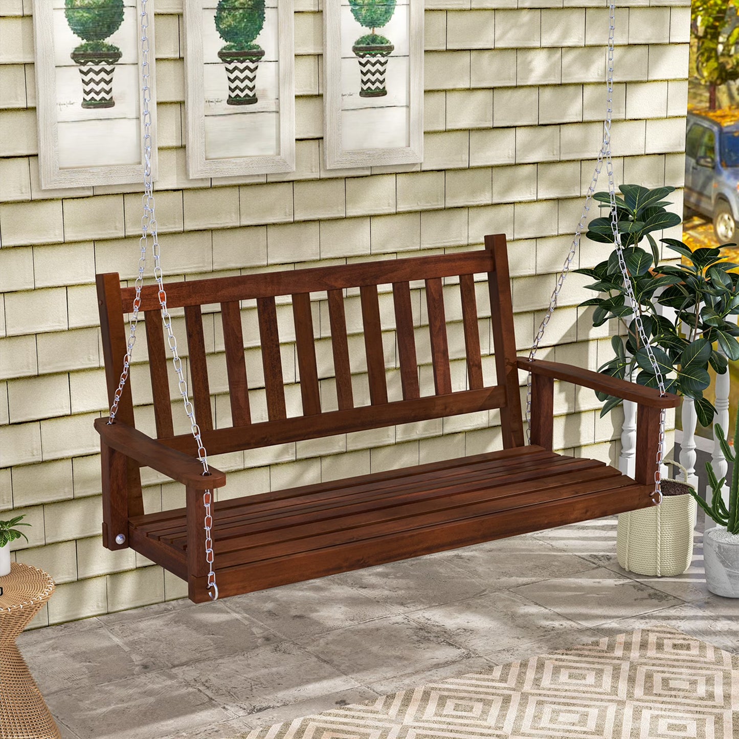 Costway 3-Person Wooden Outdoor Porch Swing Heavy Duty Patio Hanging Bench Chair White