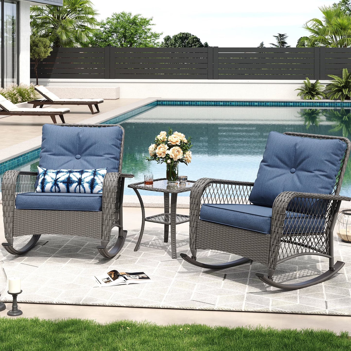 MRUAKA Outdoor Rocking Chairs Set of 3, Wicker Patio Furniture with Thickened Cushions and Table for Porch350lbs Weight Capacity(Gray)