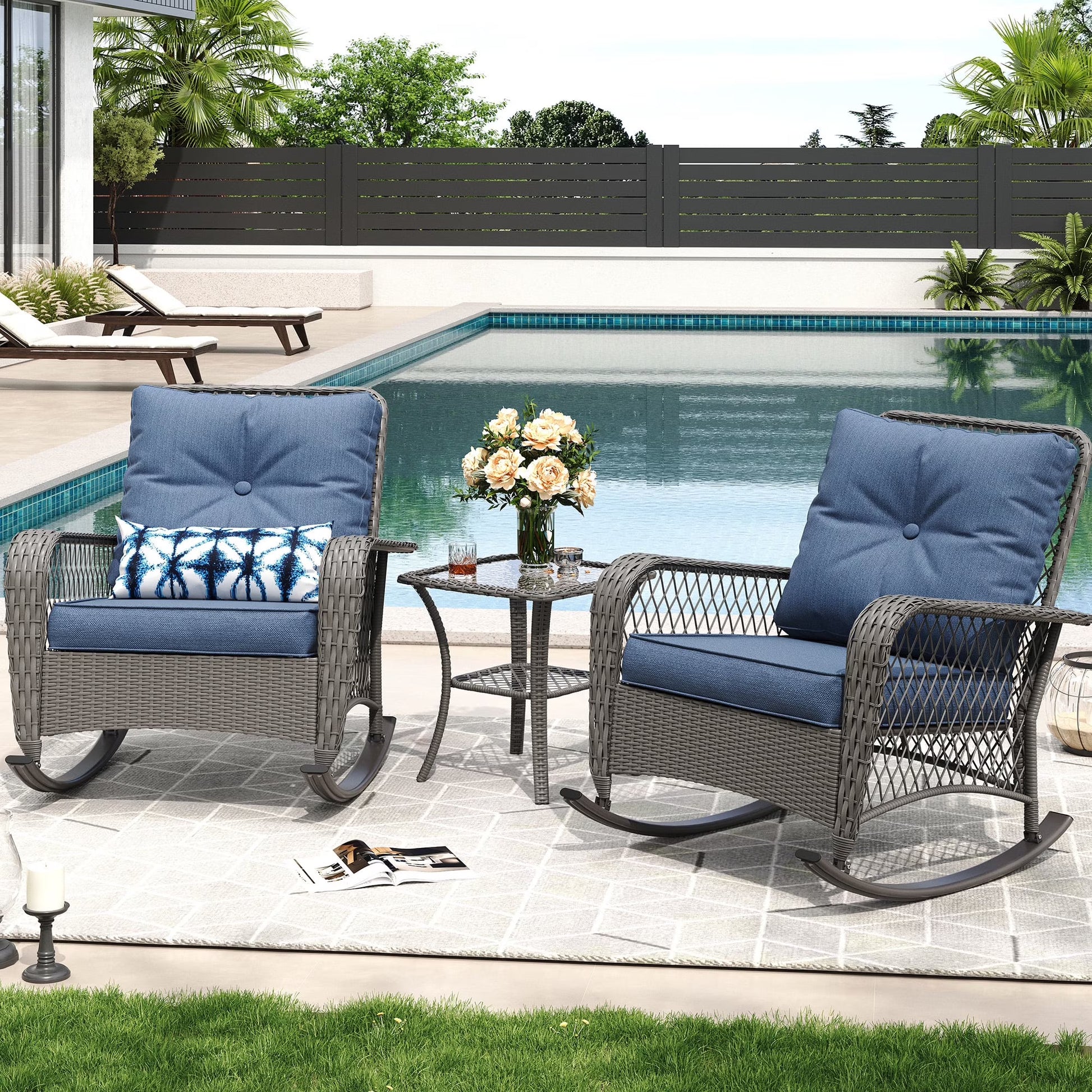MRUAKA Outdoor Rocking Chairs Set of 3, Wicker Patio Furniture with Thickened Cushions and Table for Porch350lbs Weight Capacity(Gray)