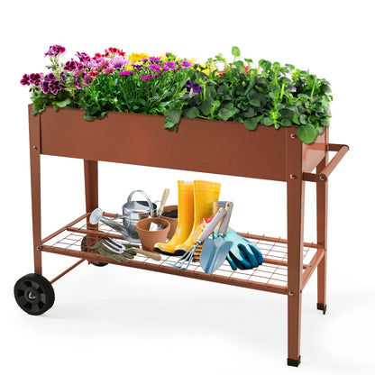 EXCITED WORK Brown Mobile Metal Raised Garden Bed, Outdoor/Indoor Garden Pots with Handles, Wheels and Shelves for Vegetables Flowers Fruits Apartment Patio Stand-37.4 inches Long