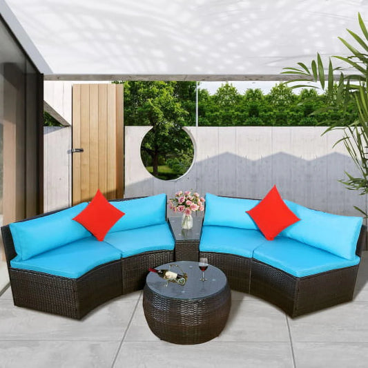 ASTARTH Outdoor 4 pcs Patio Sofa Furniture Sets, Half-Moon Wicker Sectional Furniture with Two Pillows and Coffee Table (Beige Cushions)