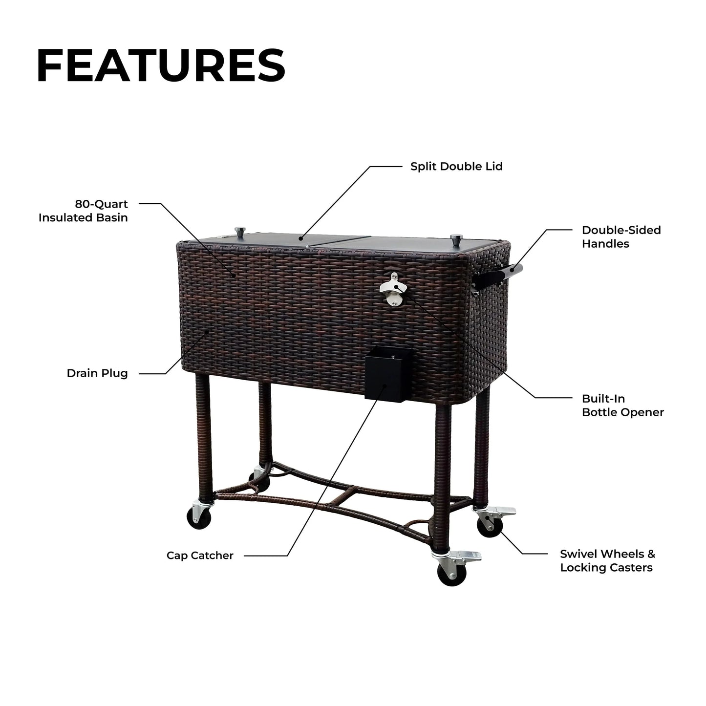 Permasteel 80-QT Wicker Outdoor Patio Cooler, Hand-Woven Wicker Cooler Cart, Rolling Cooler on Wheels with Handle, Brown