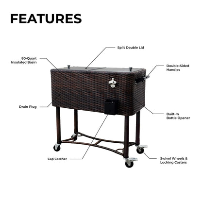 Permasteel 80-QT Wicker Outdoor Patio Cooler, Hand-Woven Wicker Cooler Cart, Rolling Cooler on Wheels with Handle, Brown