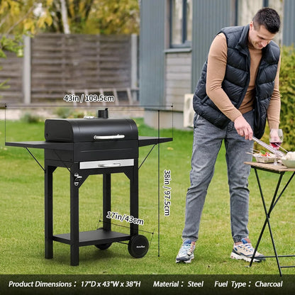 MASTER COOK Charcoal Grill with Two Side Tables, BBQ Grill for Outdoor Picnic Backyard Patio and Parties, Black