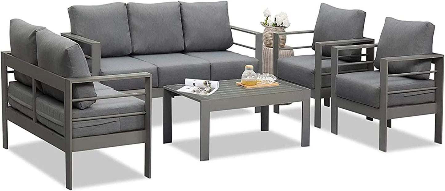Superjoe Patio Furniture Aluminum Sofa All-Weather Outdoor 3 Seats Couch Gray Metal Chair with Dark Grey Cushions