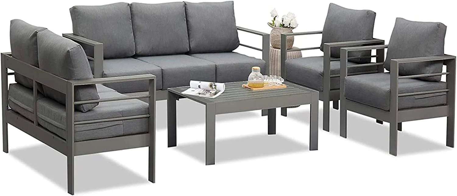 Superjoe Patio Furniture Aluminum Sofa All-Weather Outdoor 3 Seats Couch Gray Metal Chair with Dark Grey Cushions