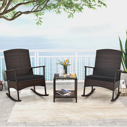 Costway Serenity 3 Piece Patio Rocking Wicker Rockers with White Cushions 2 Tier Coffee Table