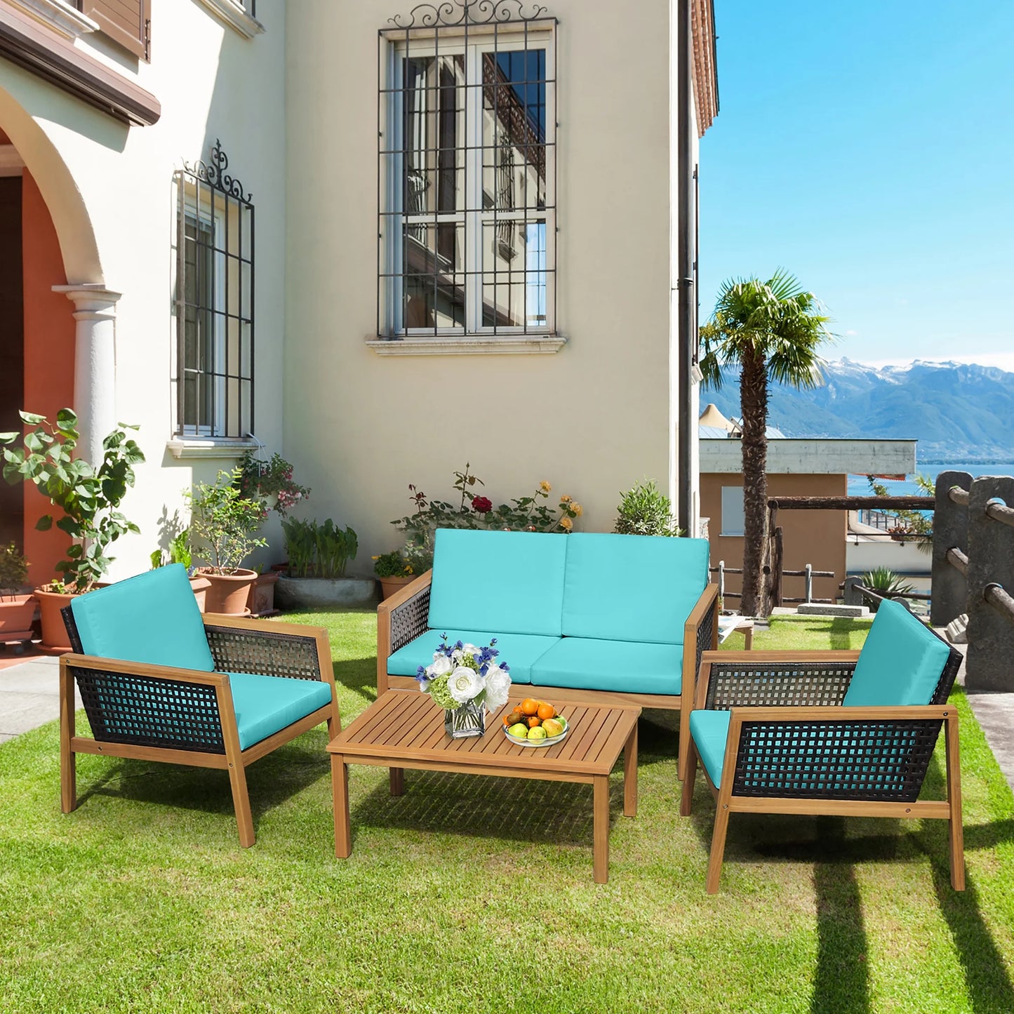 Costway 4PCS Patio Rattan Furniture Set Acacia Wood Cushioned Sofa Turquoise