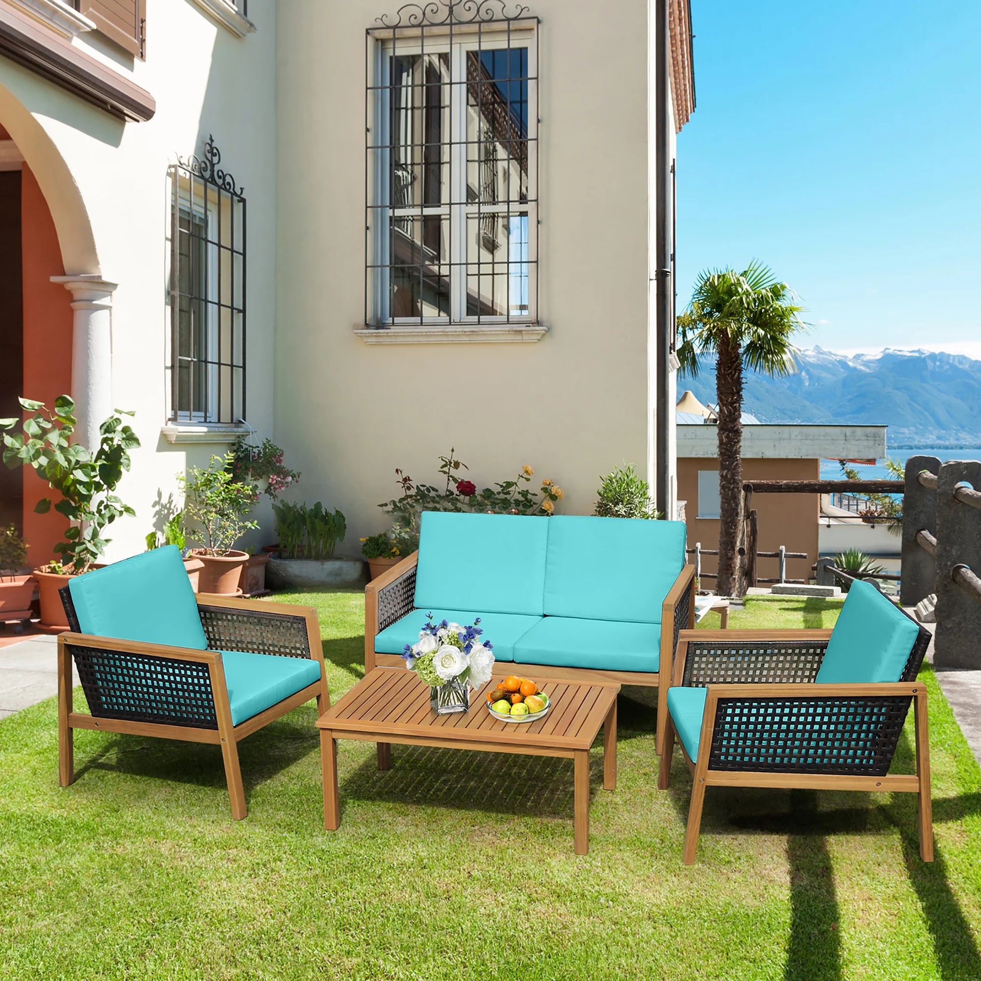 Costway 4PCS Patio Rattan Furniture Set Acacia Wood Cushioned Sofa Turquoise