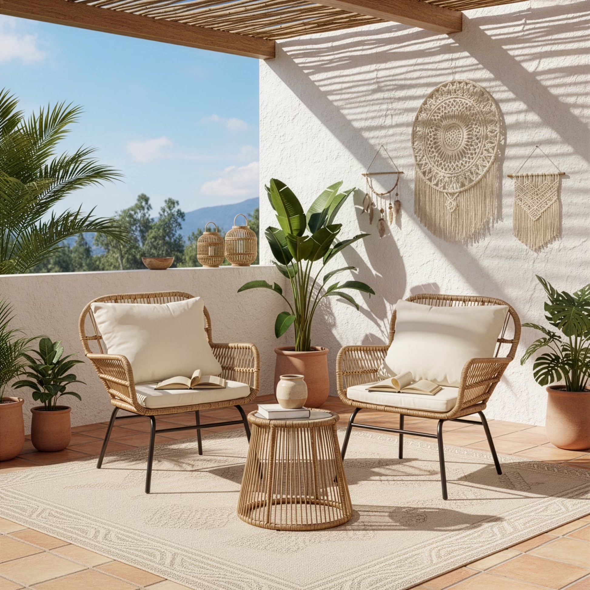 RADIATA 6-Piece Boho Patio Furniture Set, Outdoor Wicker Sectional Sofa Conversation Set with Ice Bucket & Coffee Table, 500lbs Capacity, Beige