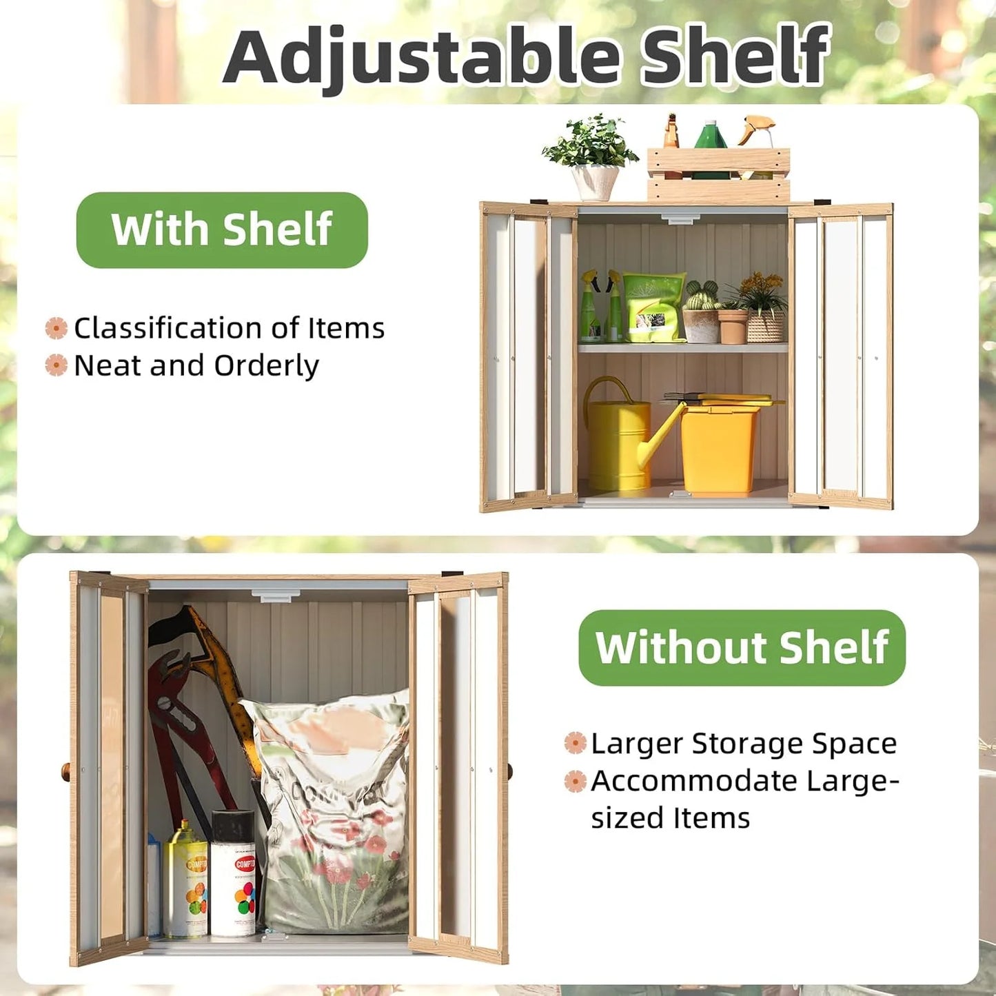 AECOJOY Small Outdoor Storage Cabinet Waterproof with Shelves, Deck Box, Vertical Garden Storage Sheds, Garden Sheds & Outdoor Storage Cabinet Weatherproof for Patio Wood Grain