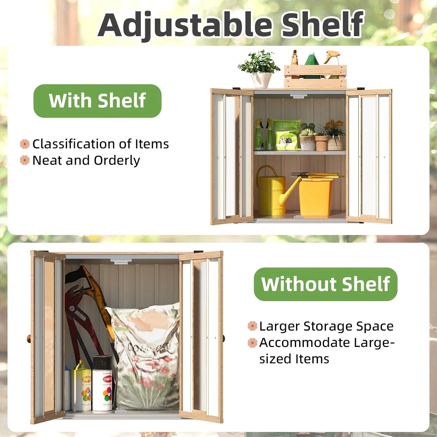 AECOJOY Small Outdoor Storage Cabinet Waterproof with Shelves, Deck Box, Vertical Garden Storage Sheds, Garden Sheds & Outdoor Storage Cabinet Weatherproof for Patio Wood Grain