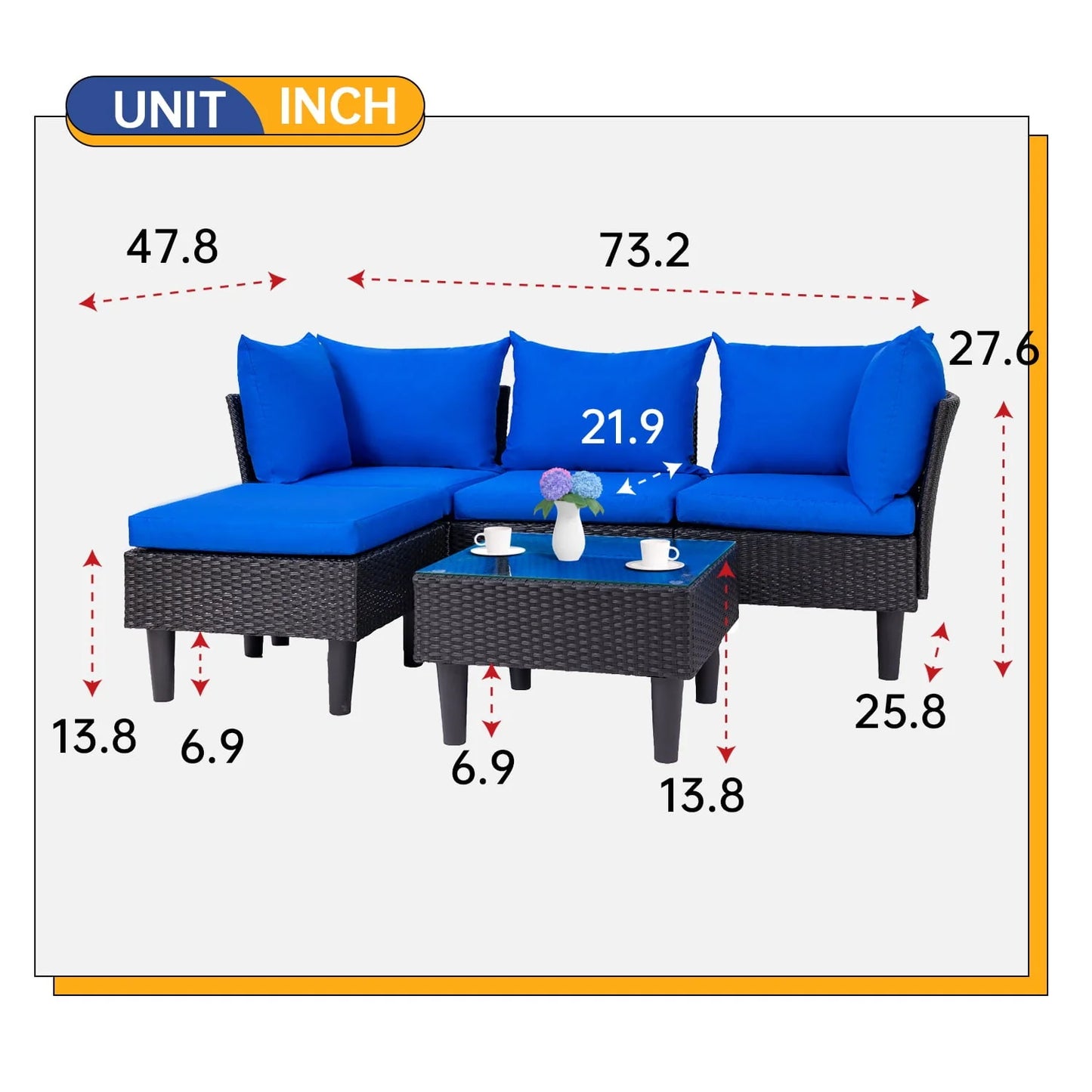 5 Pieces Patio Furniture Sets Outdoor Sectional Sofa Wicker Chair Rattan Conversation Set for Outdoor Backyard Porch Poolside Balcony Garden Furniture with Coffee Table,Blue Cushion