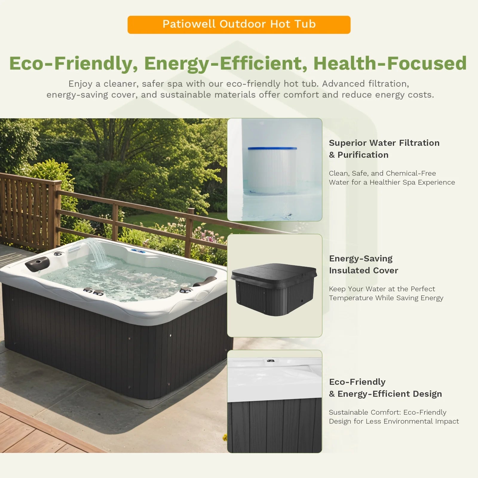 Patiowell 2 Person Home Spa Hot Tub for Outdoor, with 41pcs Massage Jets, LED lighting, Built-In Water Purification System, 900L, Black