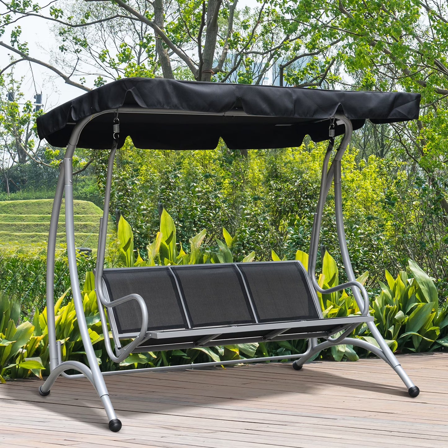 Outsunny 3 Person Patio Swing Seats, Porch Swing with Stand & Adjustable Canopy, Heavy Duty Outdoor Swing Chair Bench for Adults, Black