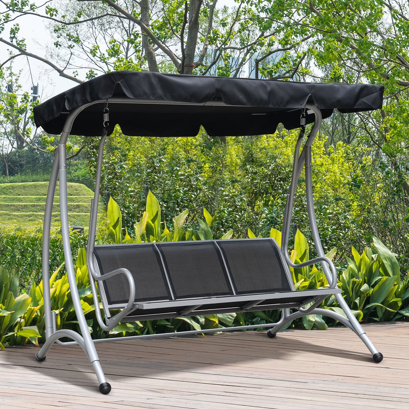 Outsunny 3 Person Patio Swing Seats, Porch Swing with Stand & Adjustable Canopy, Heavy Duty Outdoor Swing Chair Bench for Adults, Black
