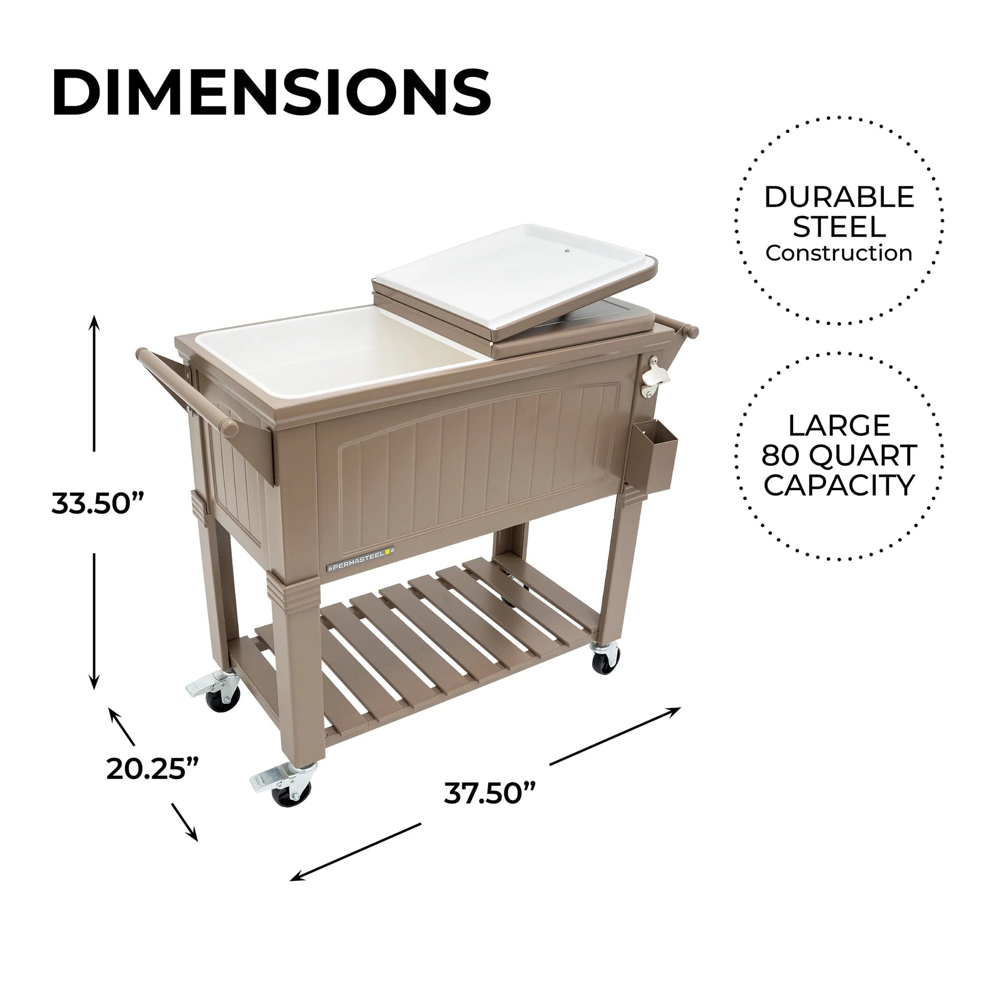 Permasteel 80-Qt Antique Outdoor Steel Patio Cooler on Wheels, Rolling Cooler Cart, Wooden Teak Style, Taupe