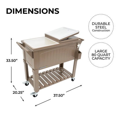 Permasteel 80-Qt Antique Outdoor Steel Patio Cooler on Wheels, Rolling Cooler Cart, Wooden Teak Style, Taupe