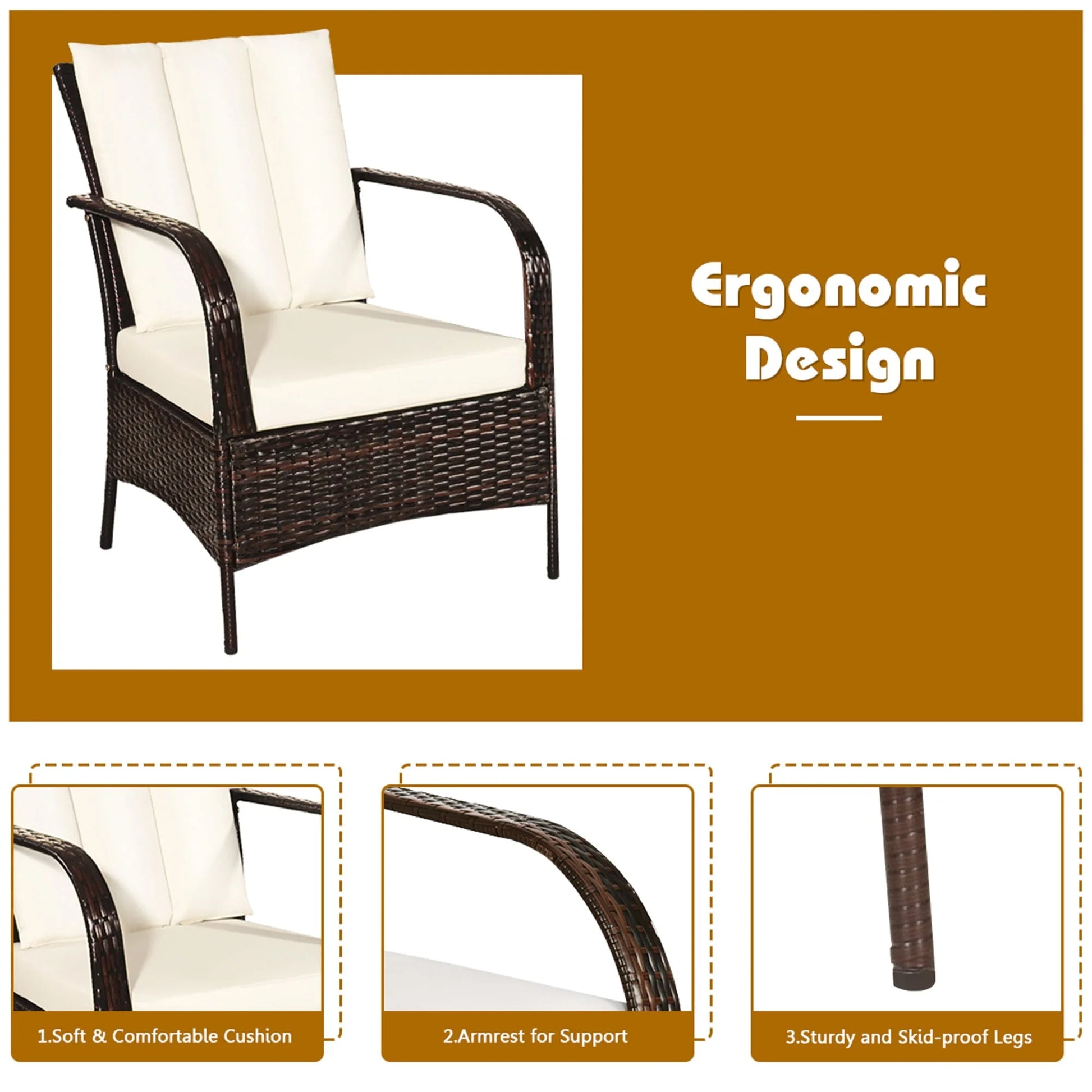 Gymax 3PCS Patio Outdoor Rattan Conversation Set Furniture Set w/Table Cushions