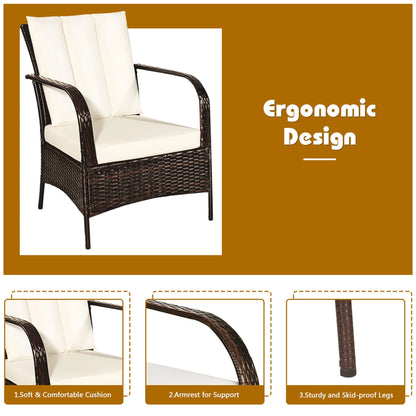 Gymax 3PCS Patio Outdoor Rattan Conversation Set Furniture Set w/Table Cushions