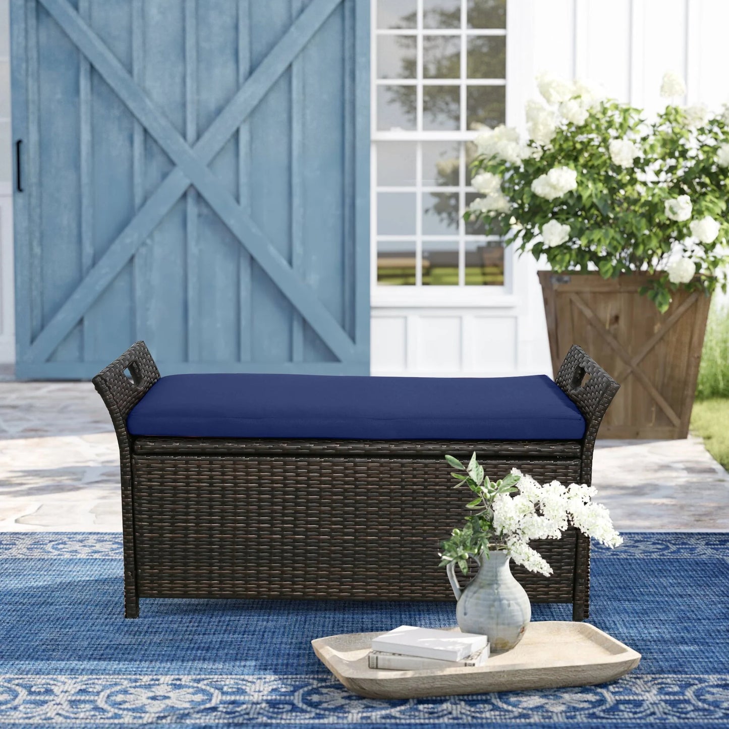 Ulax Furniture 27.6 Gallon Patio Wicker Storage Box, Outdoor Rattan Storage Bench Deck Bin with Cushion and Hydraulic Hinge Lid (Navy)
