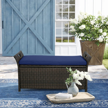 Ulax Furniture 27.6 Gallon Patio Wicker Storage Box, Outdoor Rattan Storage Bench Deck Bin with Cushion and Hydraulic Hinge Lid (Navy)